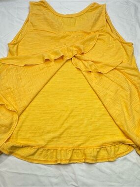 Anthropologie Maeve Top XL Yellow Mango Orchid Ruffle Sleeveless Knit Split Back